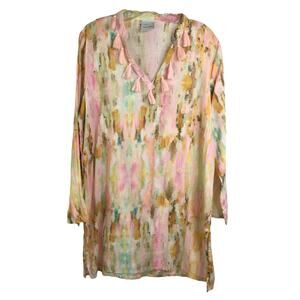 Laura Park‎ Annie Selke Tunic Top Womens M/L Tie Dye Bell Sleeves Tassels Boho